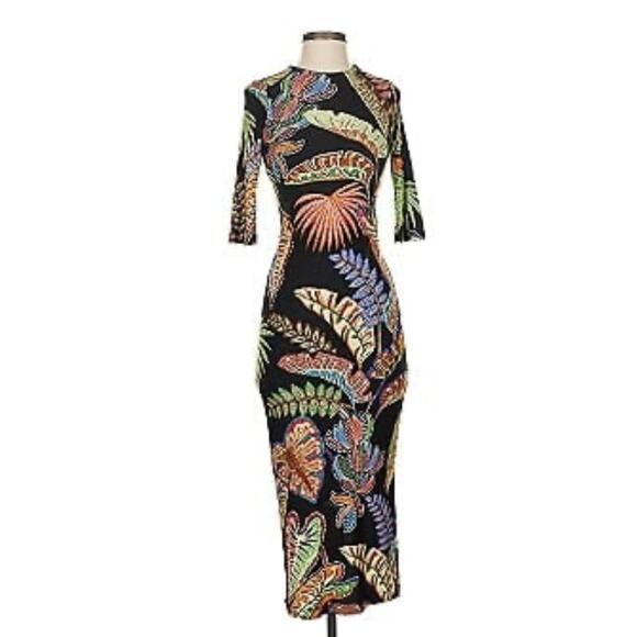 Farm Rio Women Floral 3/4 sleeve Dress Sz.XS Black NWT Cool Foliage Jersey Midi - Picture 2 of 10